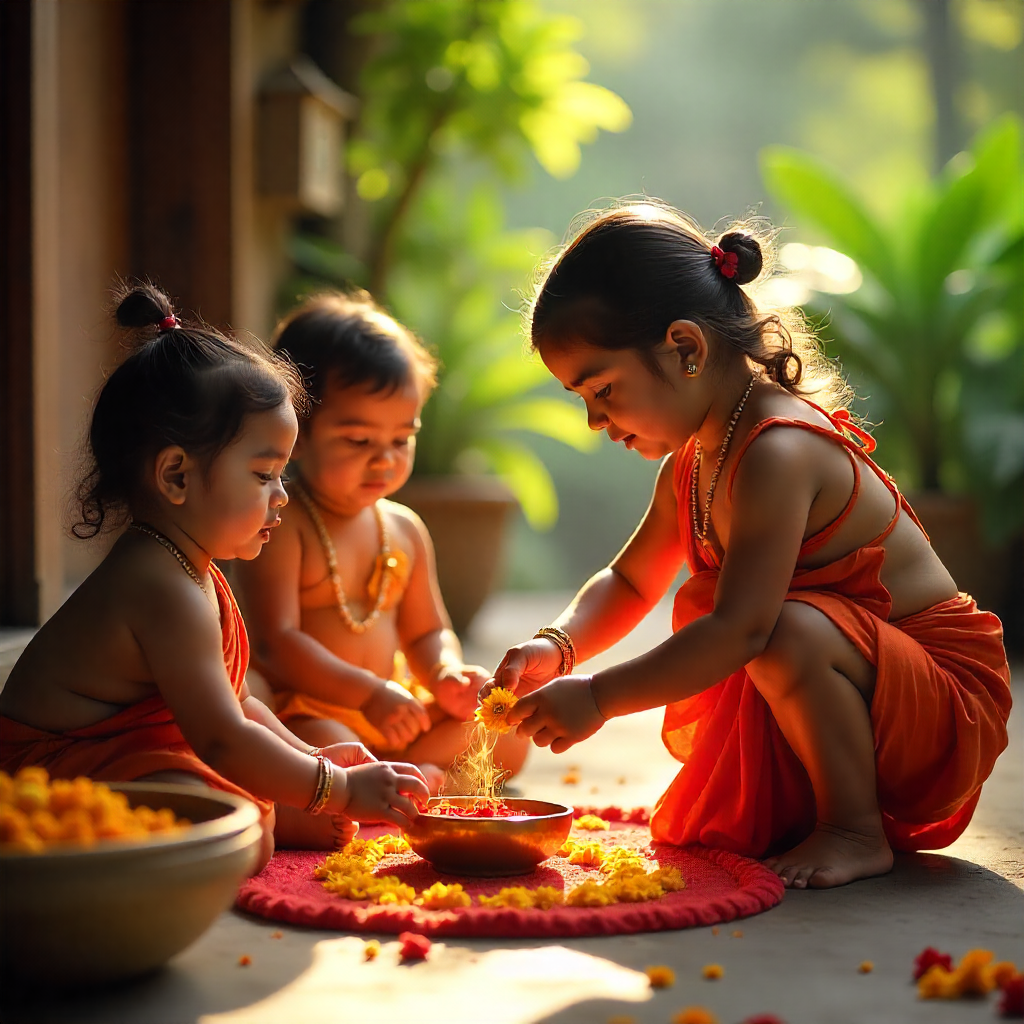 Children making Pookalam flower design for Onam
