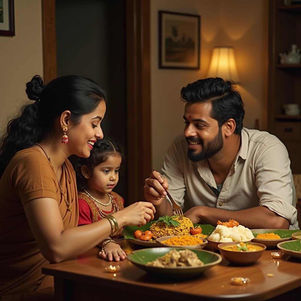 Family eating traditional Onam Sadya feast on banana leaves
