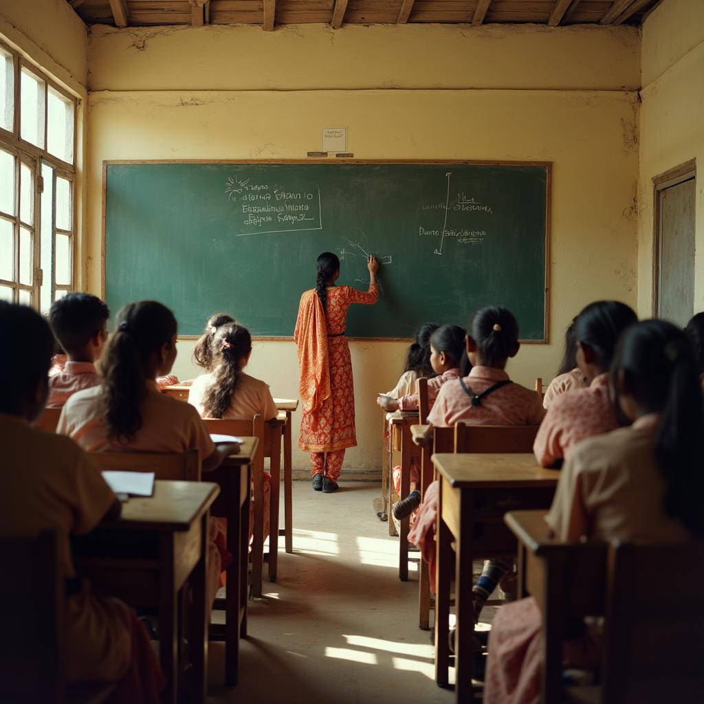 Chalkboard in Indian classroom with sunlight streaming in