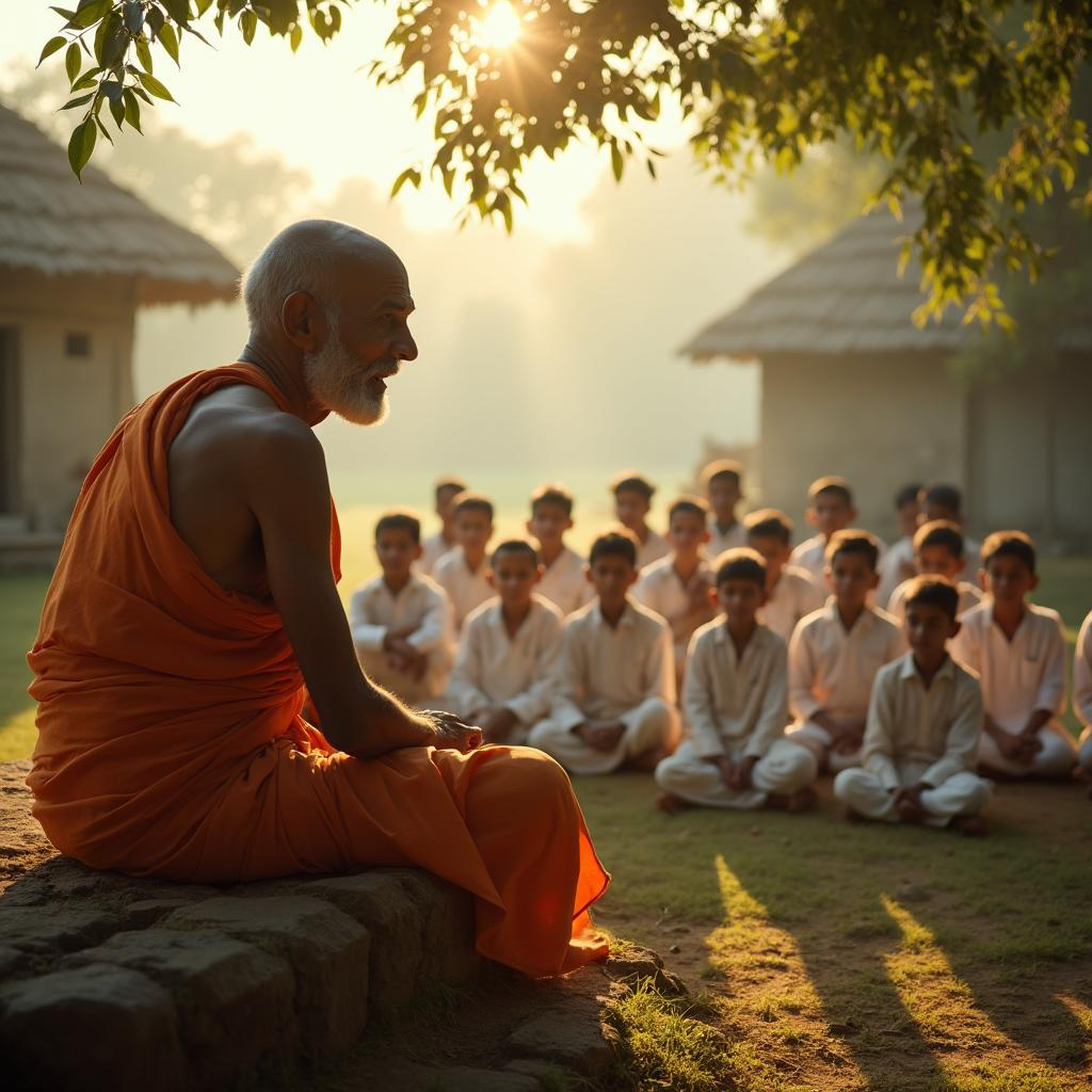 ancient Gurukul with teacher and students